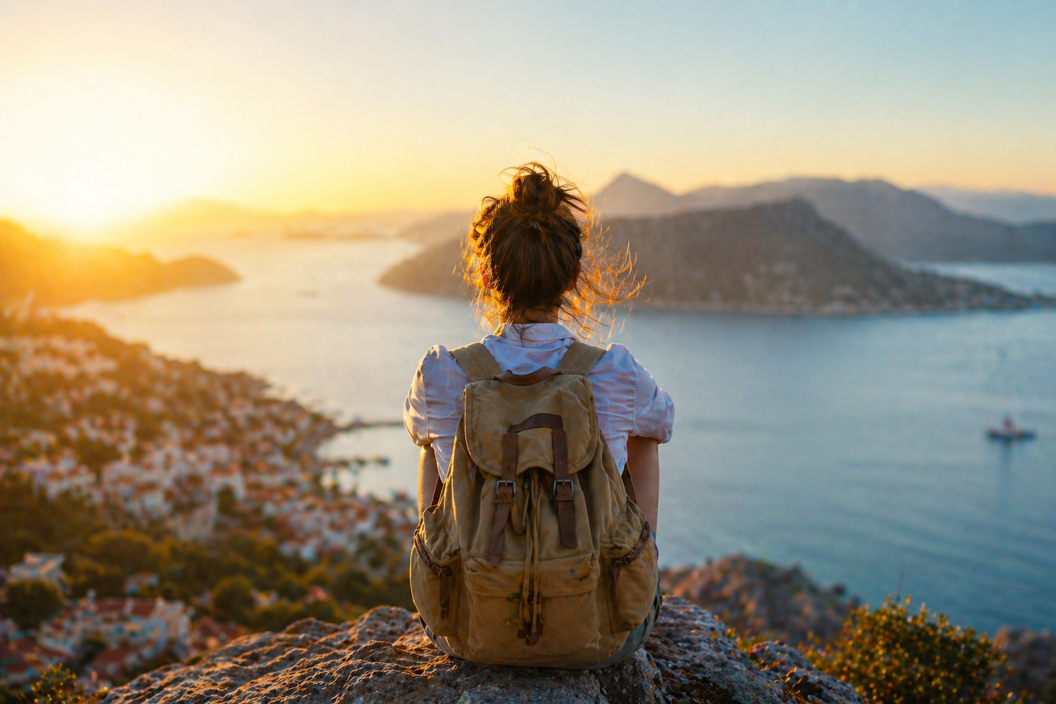 Osoba podróżująca solo patrząca na widok miasta i morza o zachodzie słońca