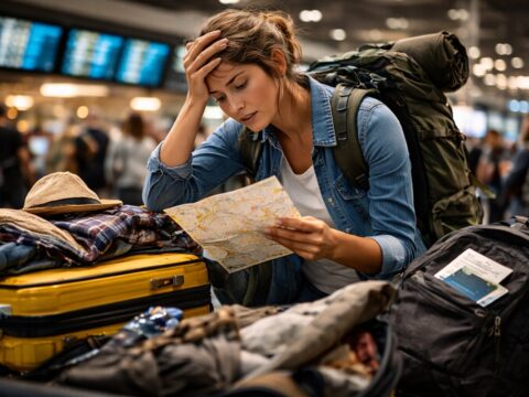 Zestresowana podróżniczka z plecakiem analizująca mapę w chaosie bagażu na lotnisku
