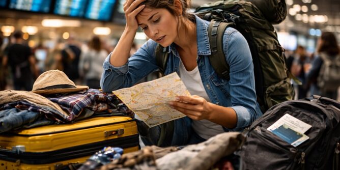Zestresowana podróżniczka z plecakiem analizująca mapę w chaosie bagażu na lotnisku