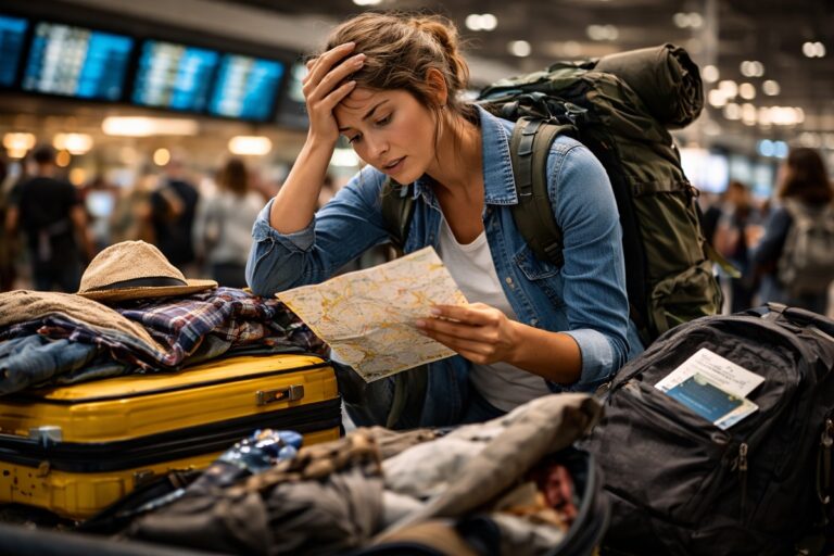 Zestresowana podróżniczka z plecakiem analizująca mapę w chaosie bagażu na lotnisku
