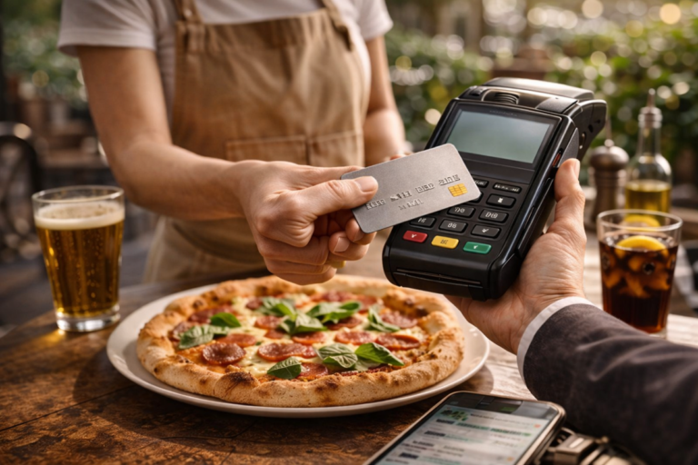 płatność kartą w restauracji przy stoliku z pizzą i terminalem