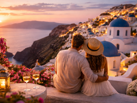 romantyczne miejsca w Europie para Santorini zachód słońca