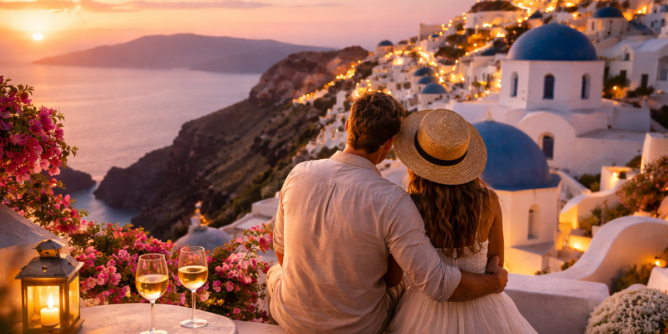 romantyczne miejsca w Europie para Santorini zachód słońca