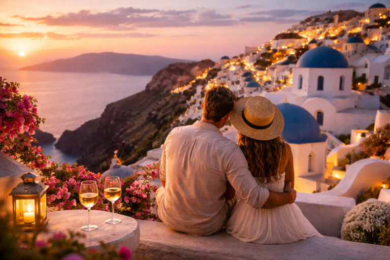 romantyczne miejsca w Europie para Santorini zachód słońca