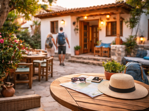 para turystów wchodząca do klimatycznego pensjonatu za granicą