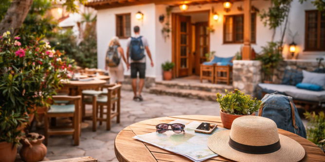 para turystów wchodząca do klimatycznego pensjonatu za granicą