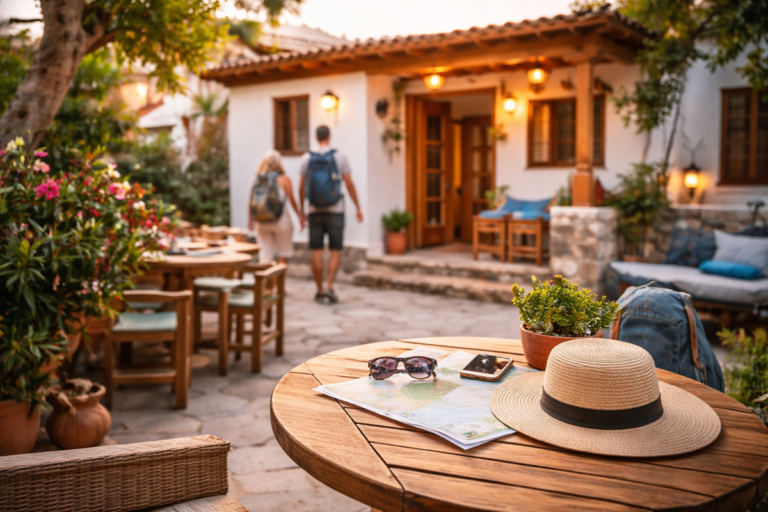 para turystów wchodząca do klimatycznego pensjonatu za granicą