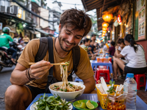 podróżnik jedzący lokalne jedzenie street food w Azji