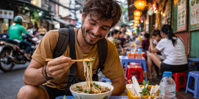 podróżnik jedzący lokalne jedzenie street food w Azji