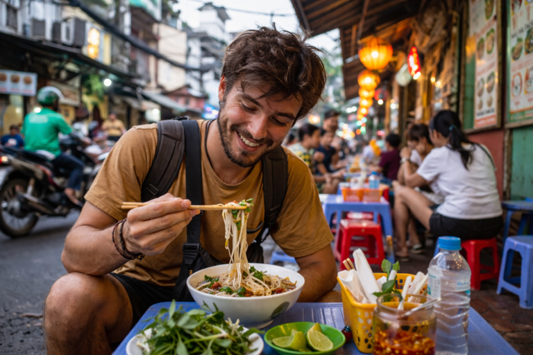 podróżnik jedzący lokalne jedzenie street food w Azji