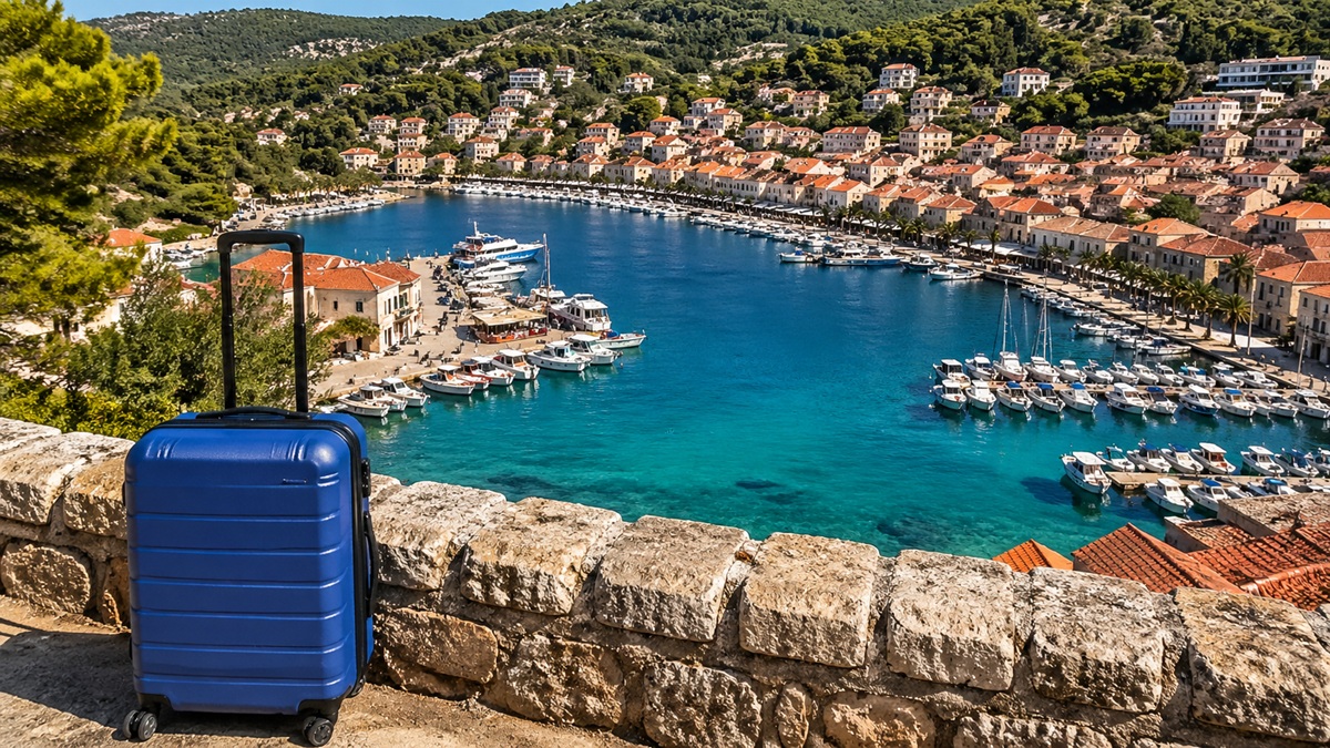 Walizka na tle nadmorskiego miasta i morza — symbol tanich wakacji i podróży