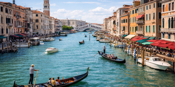 kanał w Wenecji z gondolami i zabudową nad wodą