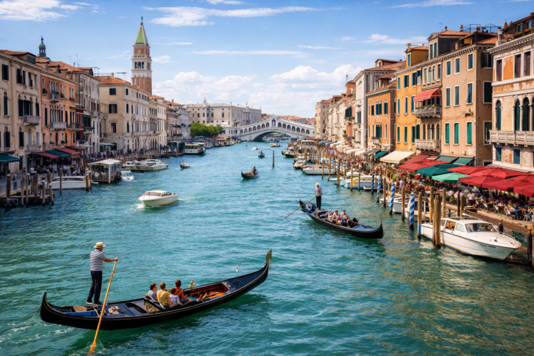 kanał w Wenecji z gondolami i zabudową nad wodą