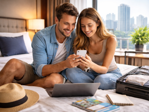 para planująca nocleg na smartfonie w pokoju hotelowym z walizką na łóżku