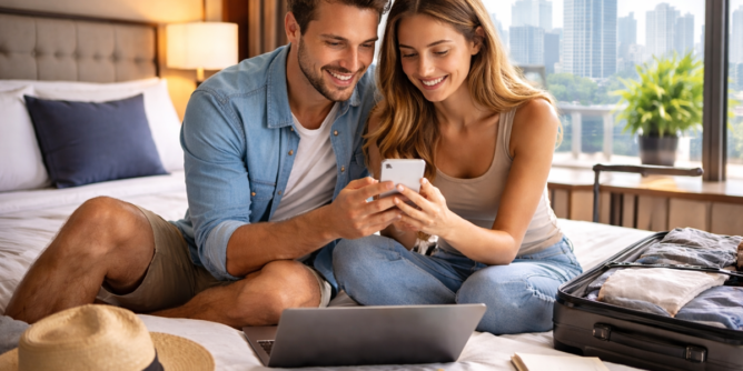 para planująca nocleg na smartfonie w pokoju hotelowym z walizką na łóżku