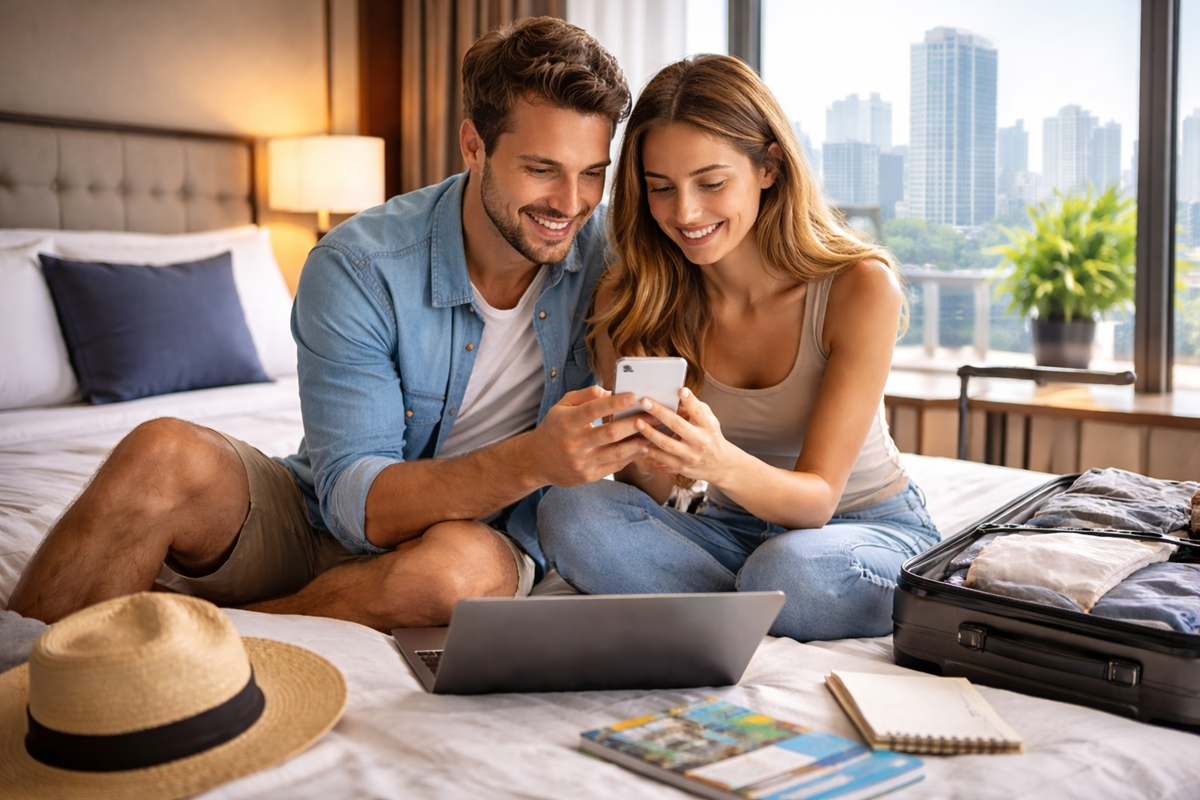 para planująca nocleg na smartfonie w pokoju hotelowym z walizką na łóżku