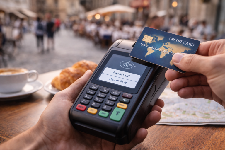 Płatność kartą zbliżeniową za granicą w terminalu płatniczym