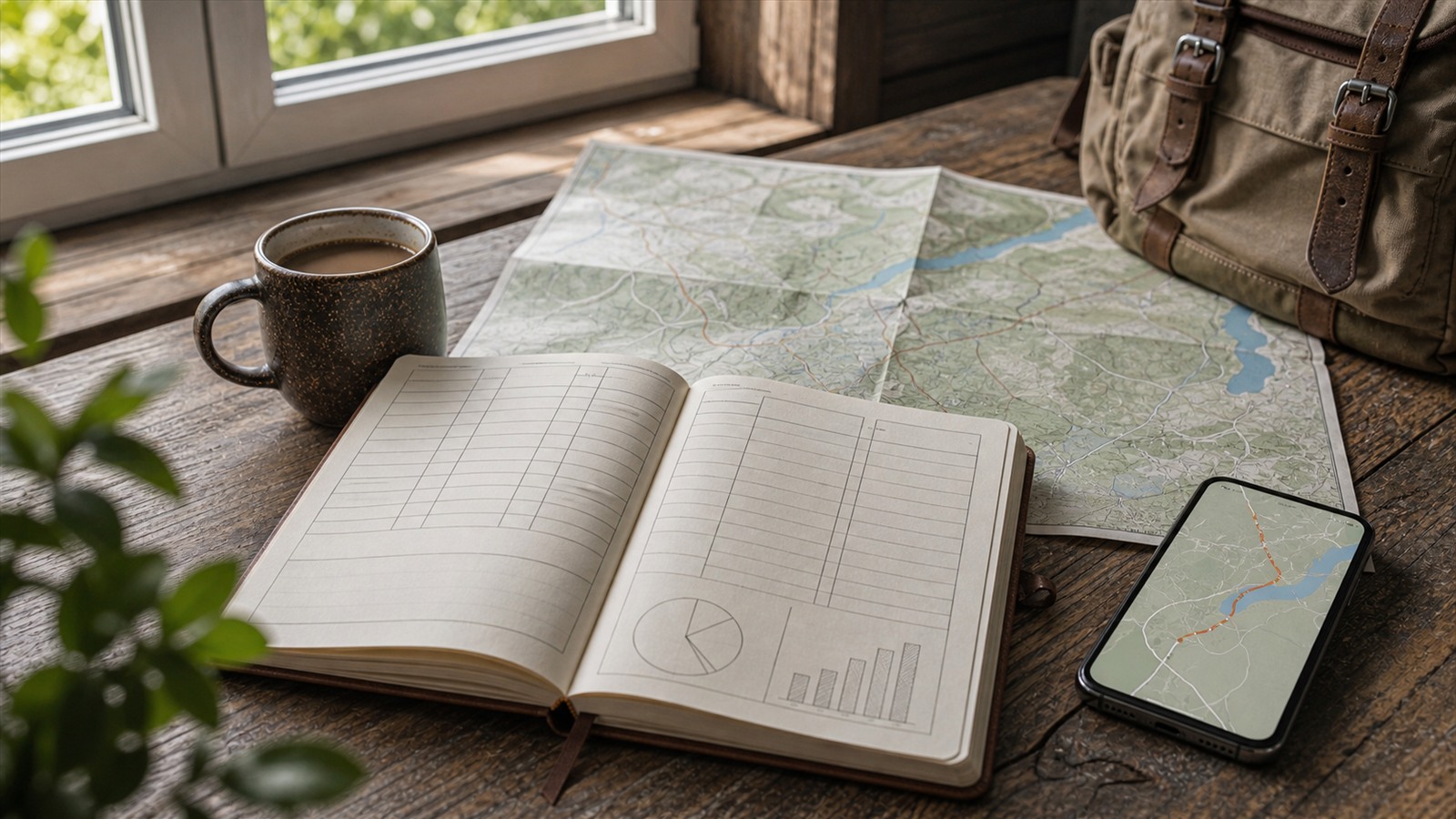 Notes z budżetem podróży, mapa i plecak jako symbol planowania kosztów wyjazdu
