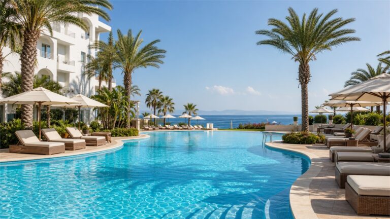Hotelowy basen w resorcie all inclusive z widokiem na morze