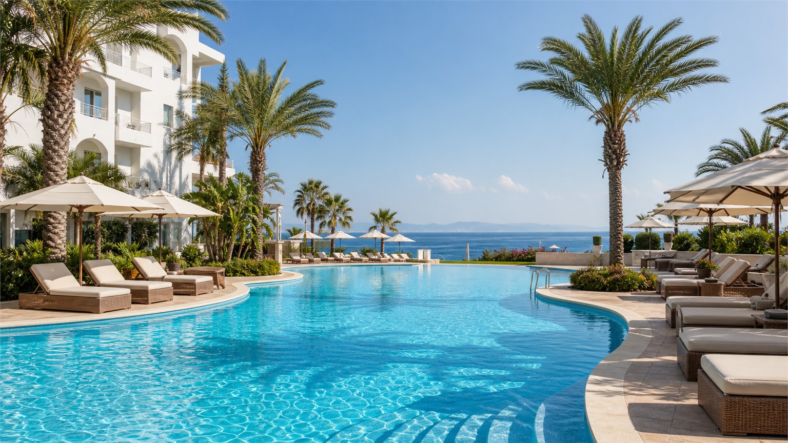 Hotelowy basen w resorcie all inclusive z widokiem na morze
