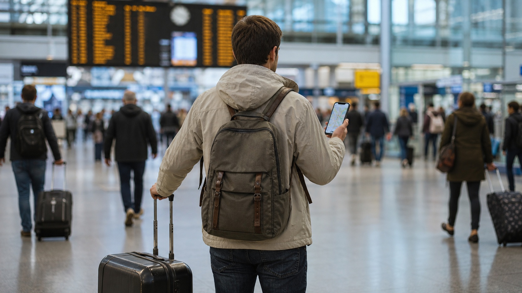 Podróżna osoba pilnująca bagażu i telefonu podczas wyjazdu