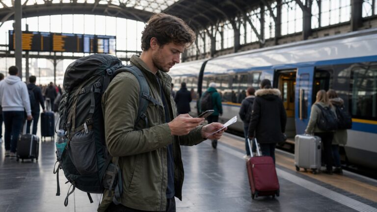 Podróżnik z plecakiem na dworcu podczas backpackingu po Europie