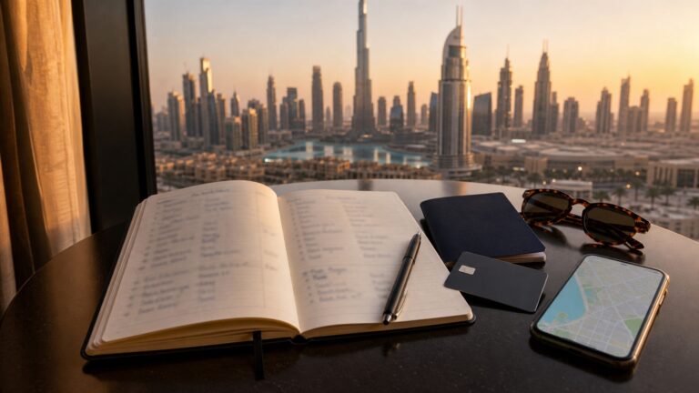 Notes z budżetem podróży do Dubaju na tle panoramy miasta