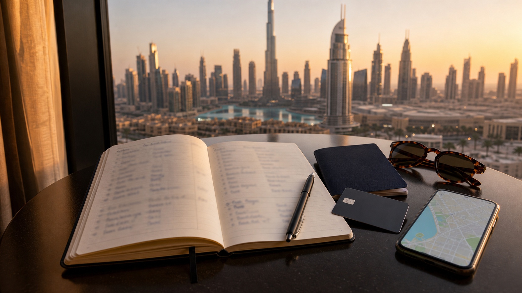 Notes z budżetem podróży do Dubaju na tle panoramy miasta