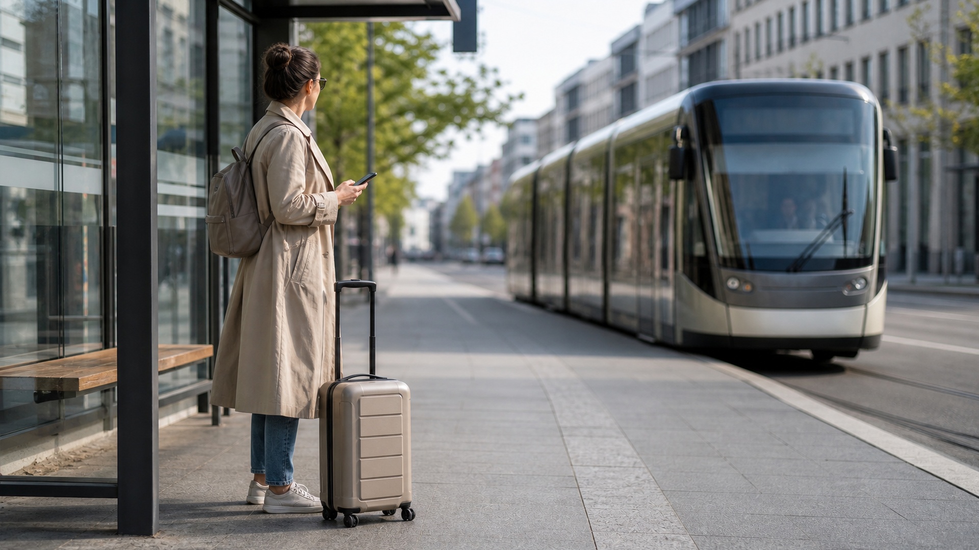 Osoba z walizką sprawdzająca trasę na przystanku transportu publicznego