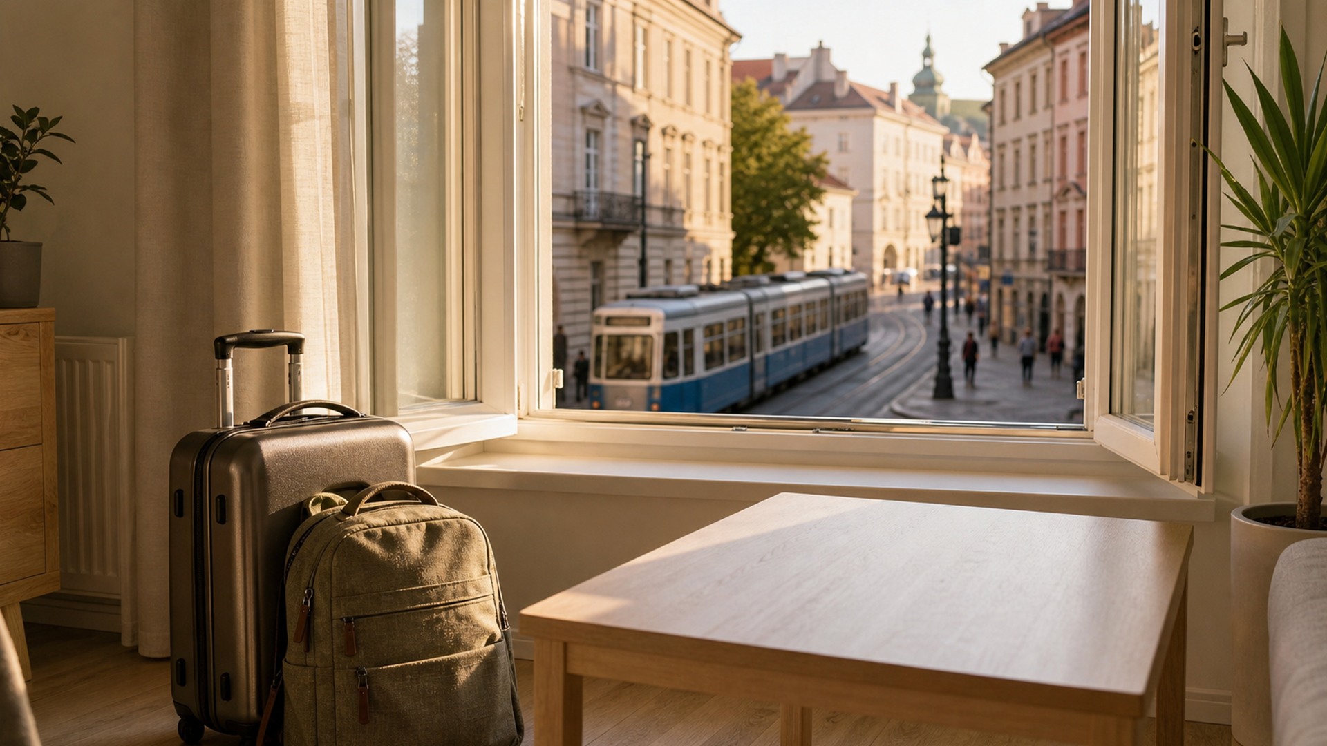 Mała walizka i plecak w apartamencie podczas komfortowej taniej podróży