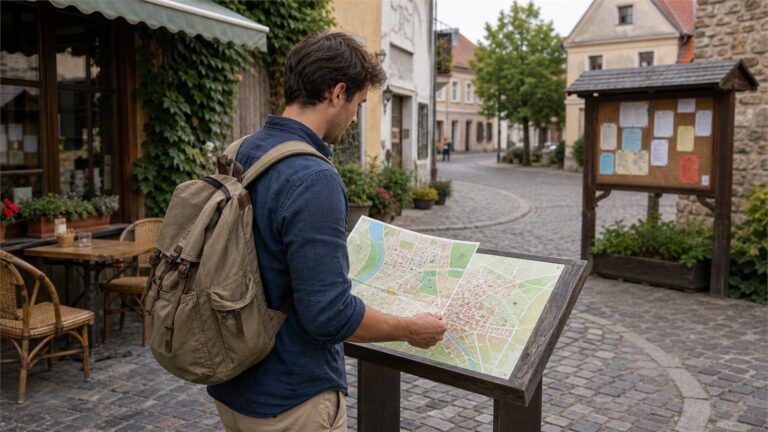 Podróżnik sprawdzający lokalną mapę turystyczną w małym miasteczku