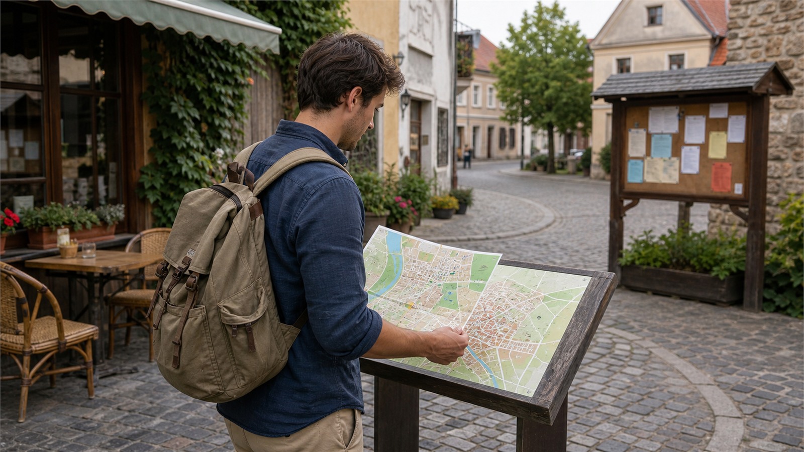 Podróżnik sprawdzający lokalną mapę turystyczną w małym miasteczku