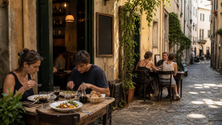Lokalna restauracja w bocznej uliczce miasta podczas spokojnego posiłku