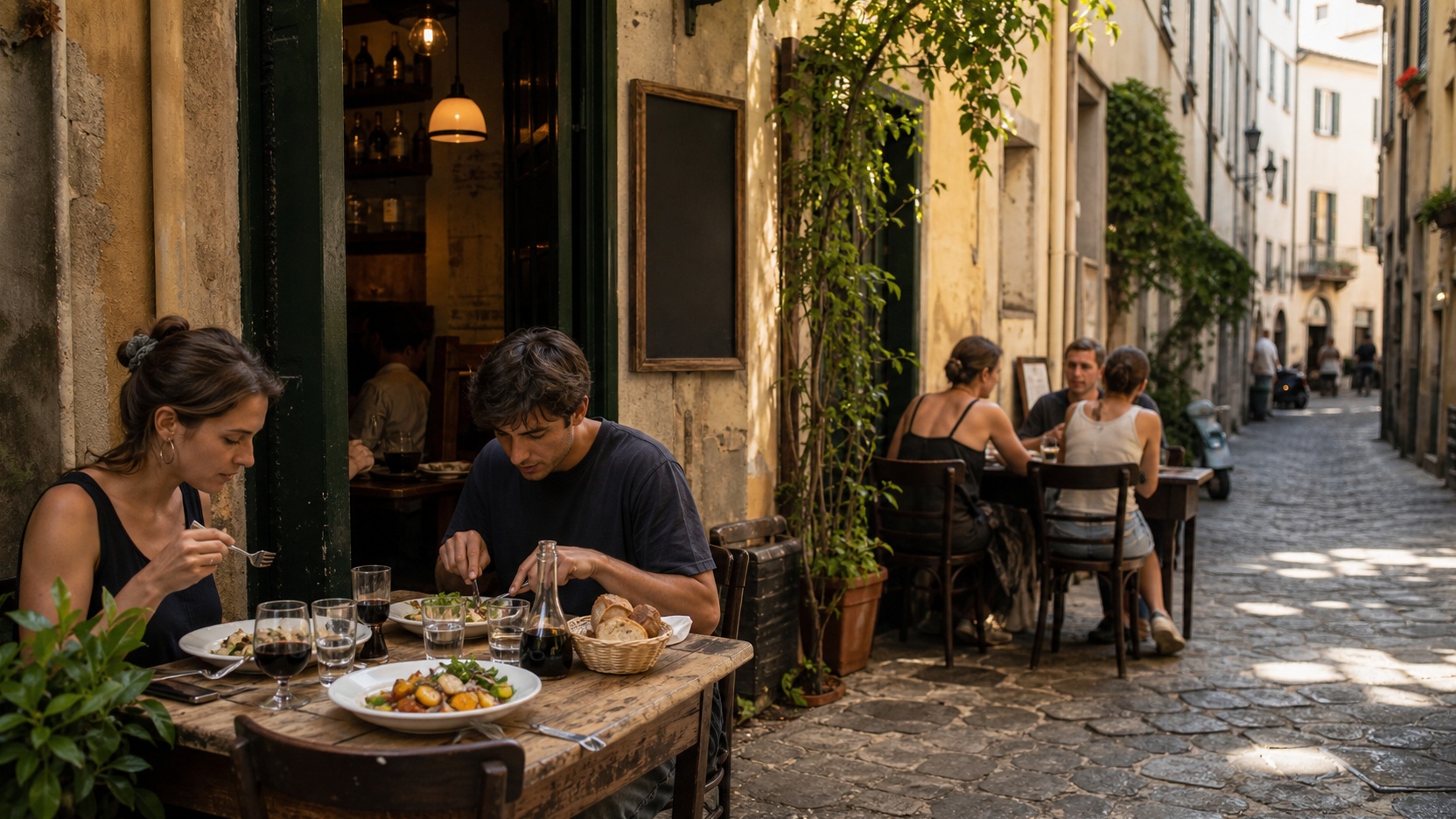 Lokalna restauracja w bocznej uliczce miasta podczas spokojnego posiłku