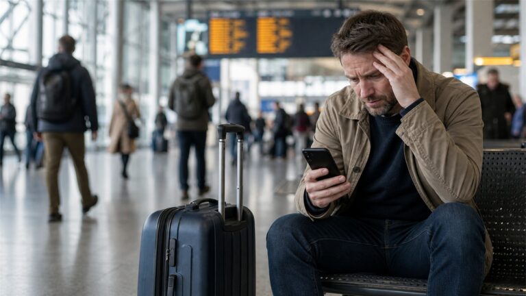 Podróżny z walizką na dworcu mierzący się z problemem podczas podróży