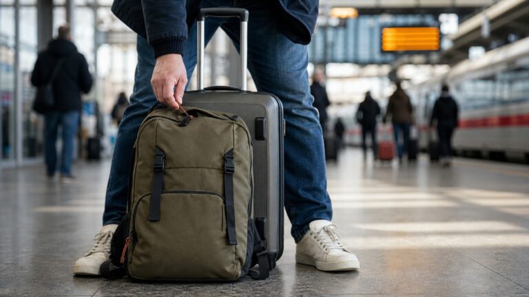 Podróżny pilnujący plecaka i walizki na zatłoczonym dworcu