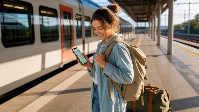 Początkująca podróżniczka rozpoczynająca pierwszy samodzielny wyjazd pociągiem