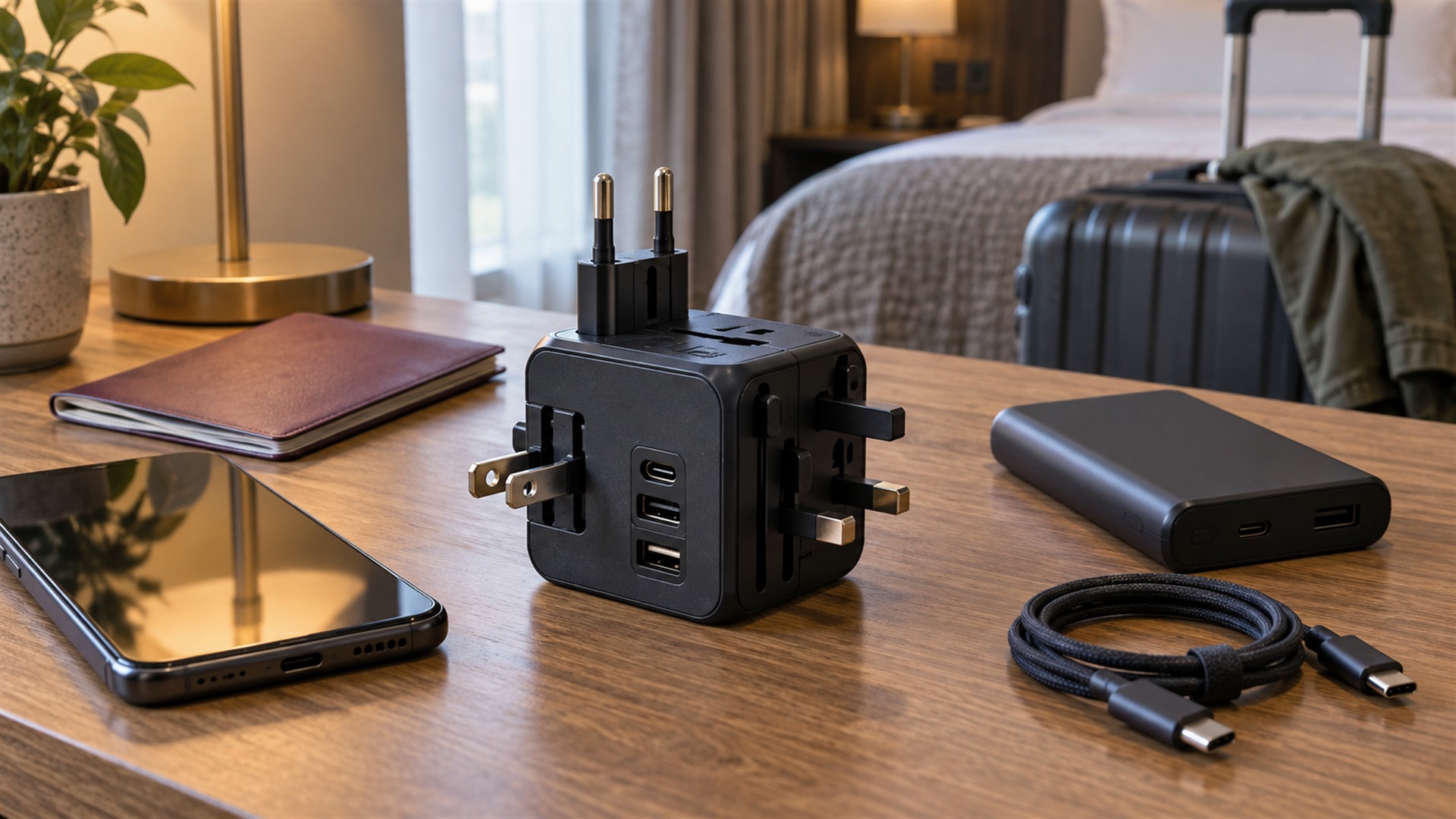 Uniwersalny adapter podróżny do kilku krajów z portami USB-C