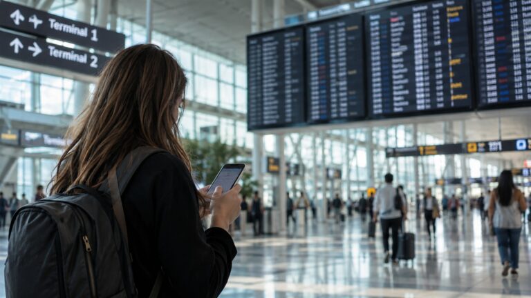 Pasażer sprawdzający terminal odlotu na lotnisku