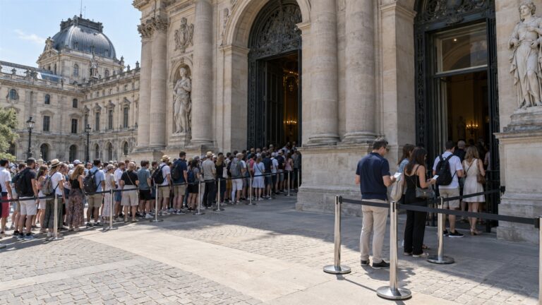 Turyści przed popularnym muzeum i osobne kolejki do wejścia