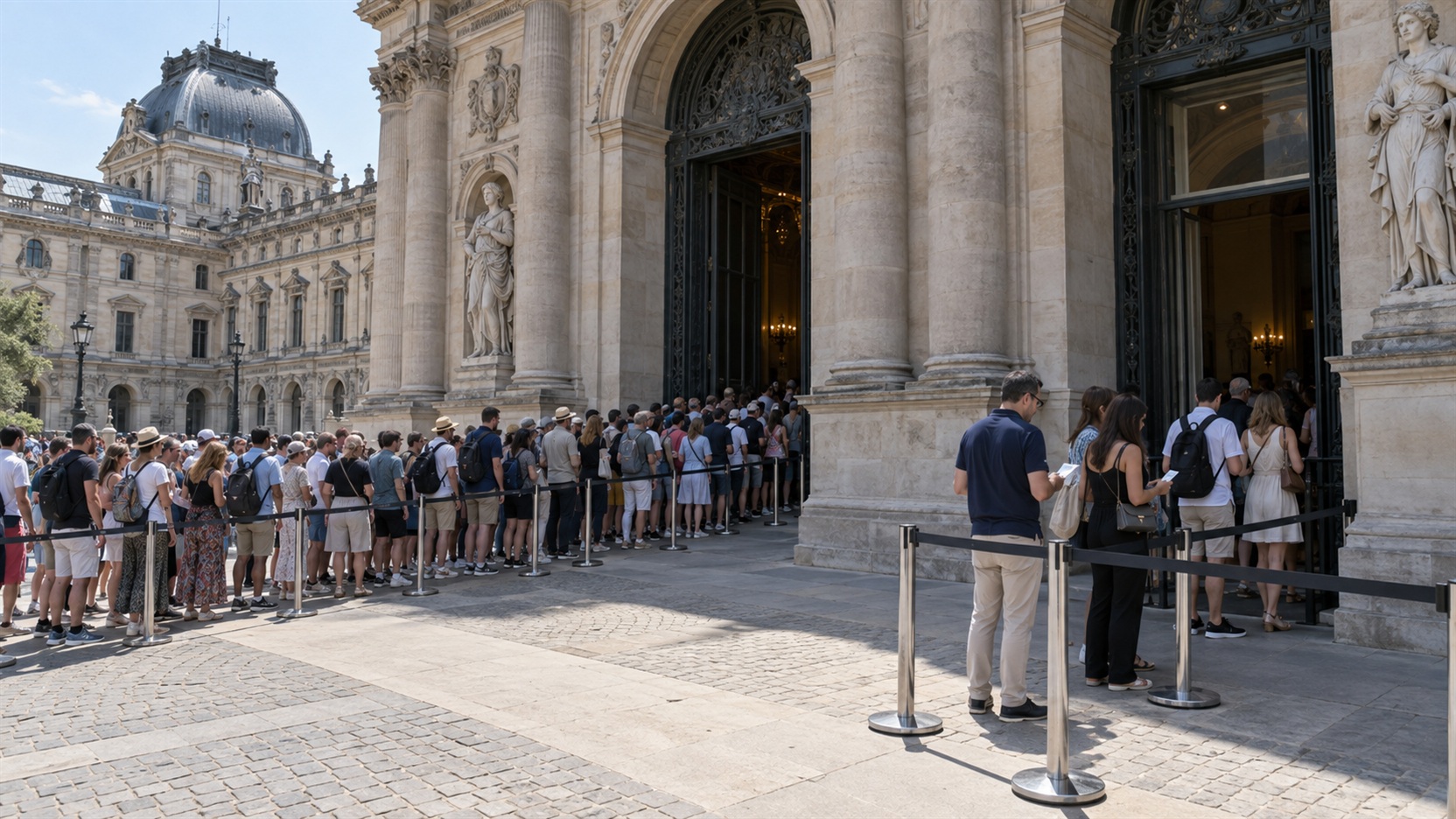 Turyści przed popularnym muzeum i osobne kolejki do wejścia