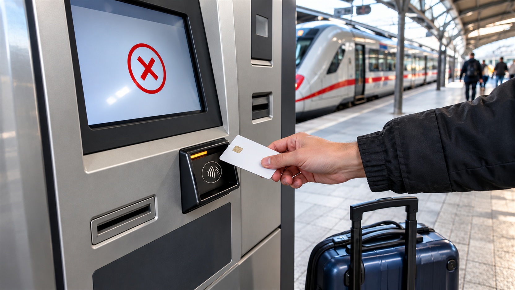 Podróżny próbuje kupić bilet kolejowy w automacie na zagranicznym dworcu, ale terminal odrzuca płatność kartą.