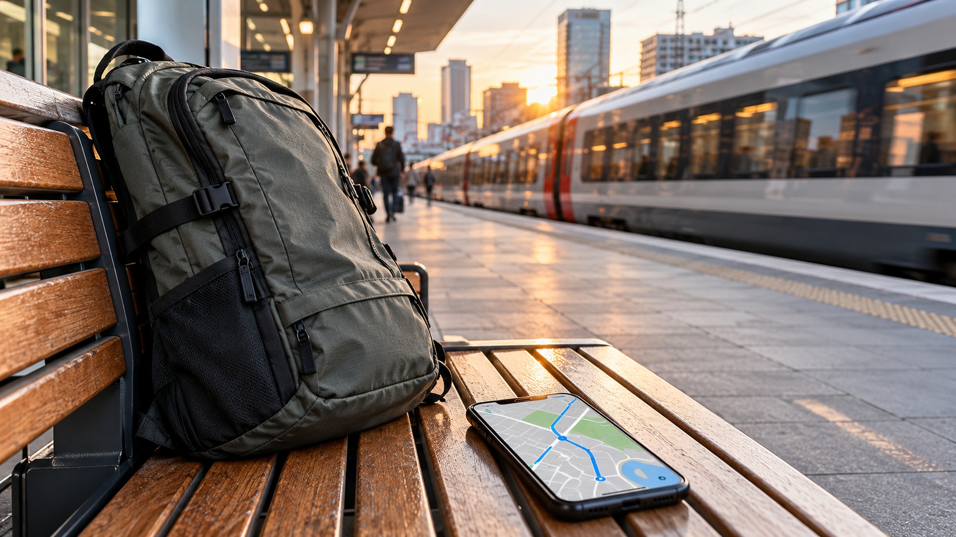 Plecak i smartfon przy dworcu podczas weekendowej podróży między dwoma miastami