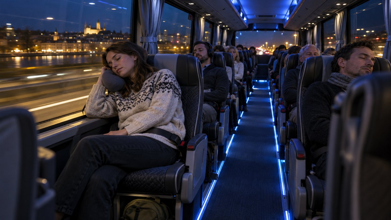 Nocny autobus dalekobieżny – pasażer odpoczywa na miejscu przy oknie podczas nocnej podróży.