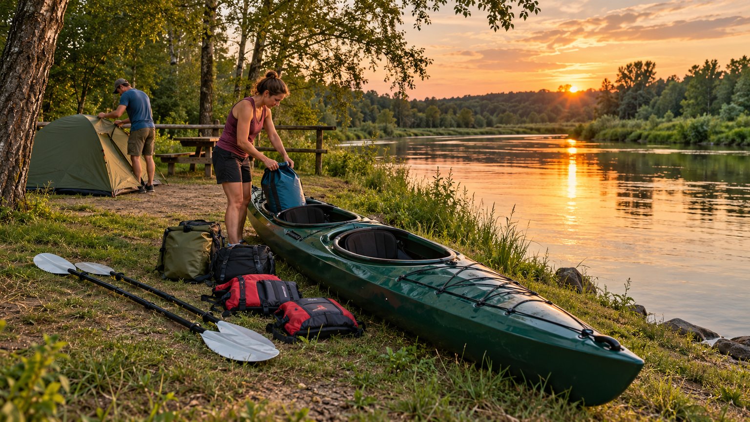Dwoje turystów przygotowuje namiot na polu biwakowym nad rzeką, obok stoi kajak z wiosłami i bagażem na dwudniowy spływ.