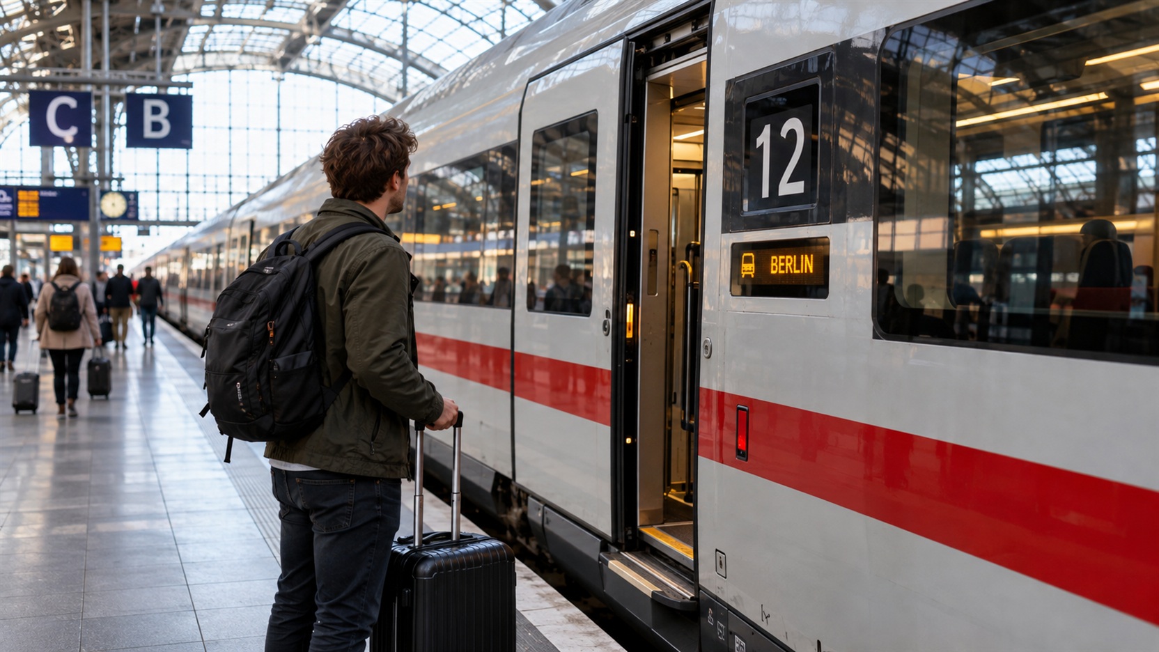 Pociąg podzielony na różne kierunki i podróżny szukający właściwego wagonu