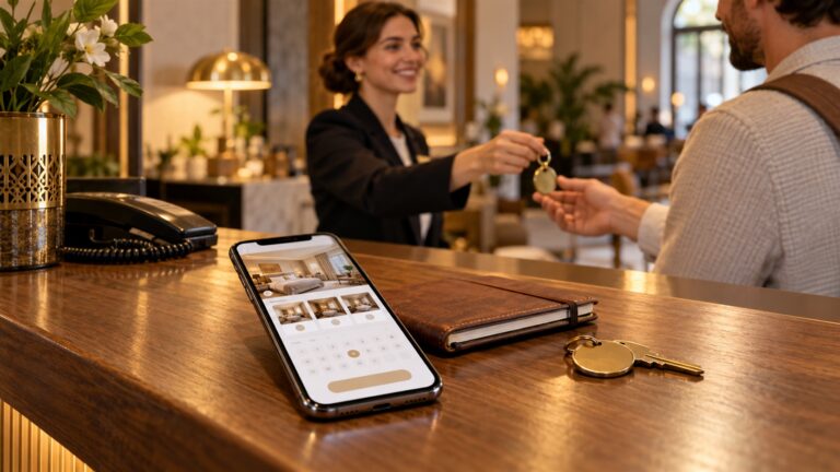 Podróżny odbierający klucz w recepcji hotelu po rezerwacji noclegu bez karty kredytowej.