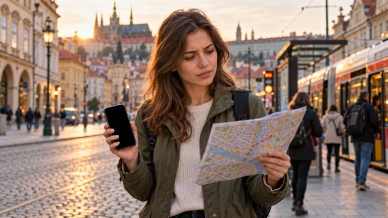 Turysta z plecakiem trzyma rozładowany telefon i papierową mapę, szukając drogi w nieznanym europejskim mieście.