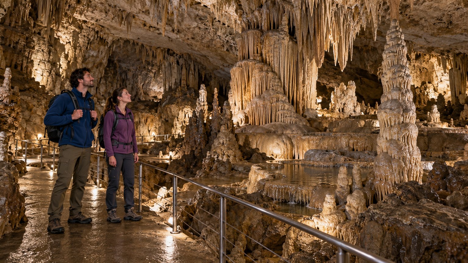 Turyści w polarach, długich spodniach i butach trekkingowych zwiedzający chłodną jaskinię z naturalnymi naciekami skalnymi.